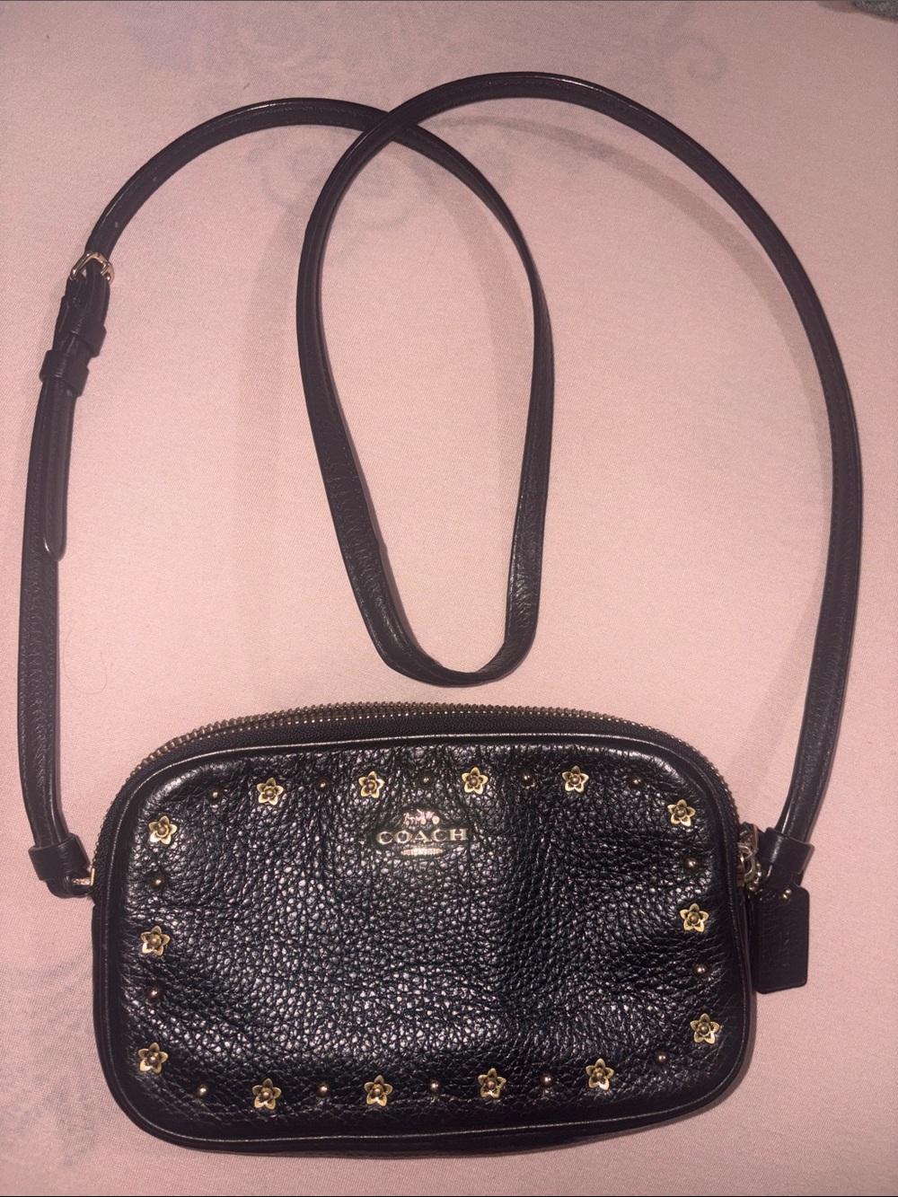 Coach Black Pebbled Leather Crossbody with Gold Floral Studs Accent